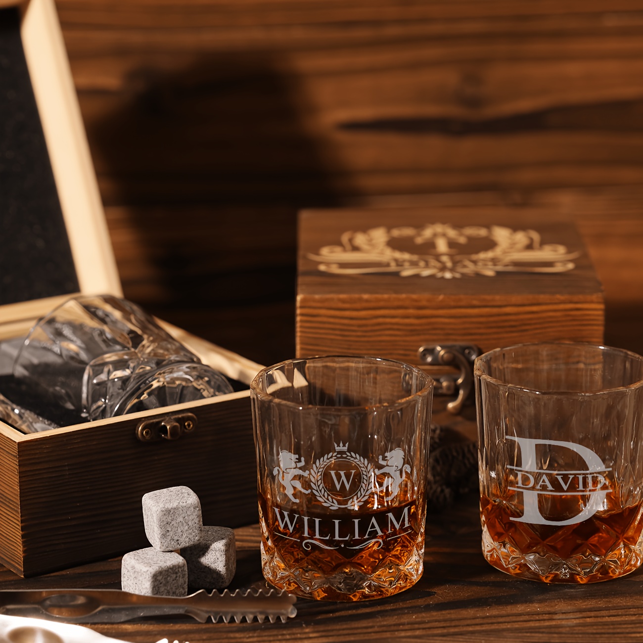 Personalized Whiskey Glass Set with Wooden Box, Great Gift